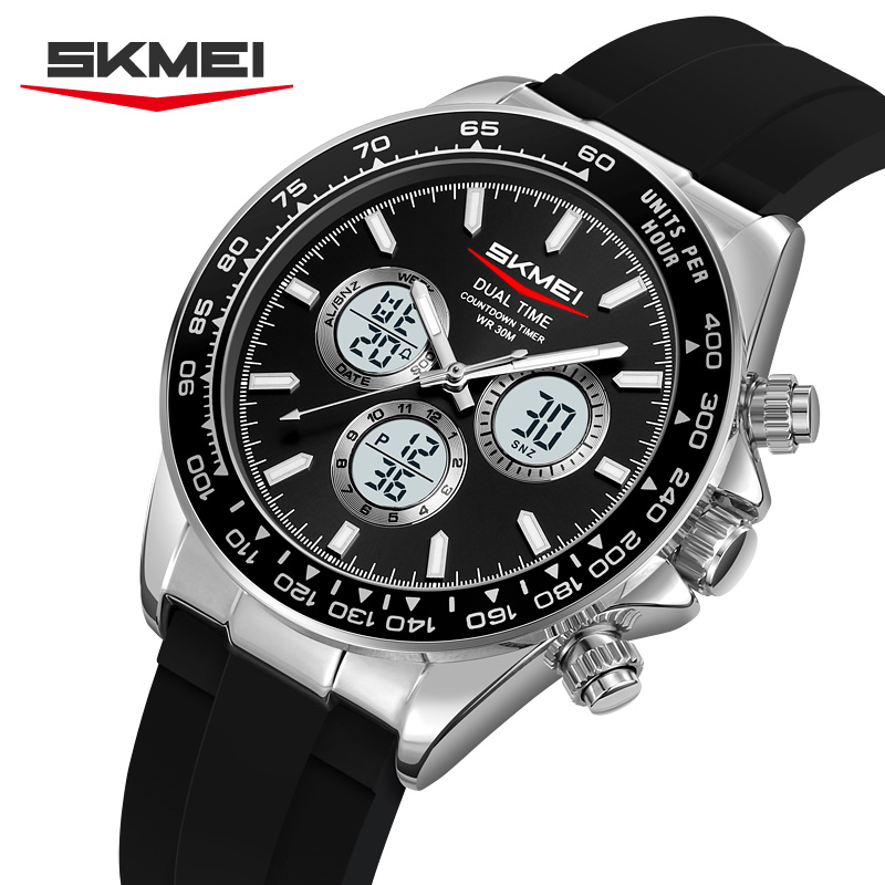 Suede Strap Watch - SKMEI 2505 ビジネス高級メンズクォーツデュアルディスプレイ電子時計ステンレス鋼ビジネスエリート防水腕時計男性
