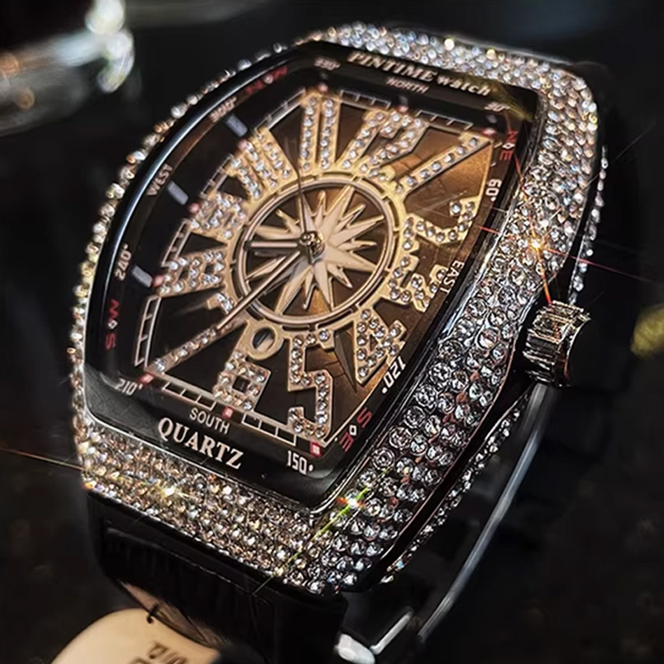 Cartier Watch Tank - プレミアムブランド高級ダイヤモンド腕時計 デジタルダイヤモンド象嵌 ブラックウォッチ ナイトライト メンズクォーツ腕時計 ヒップホップスタイル